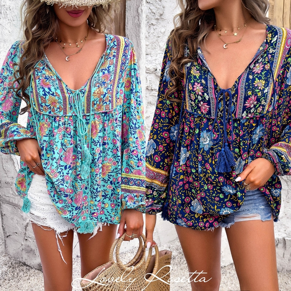 Floral Aqua Bohemian Blouse with Tassels - Picture 7 of 9